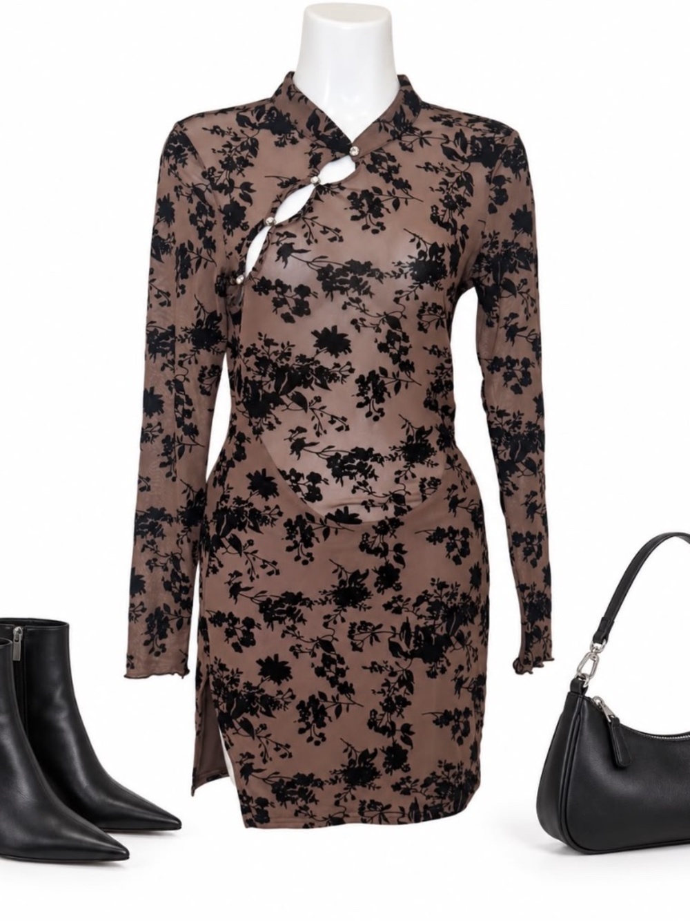 Fashion Nova Brown Black Floral Mesh Cutout Mini Dress Small